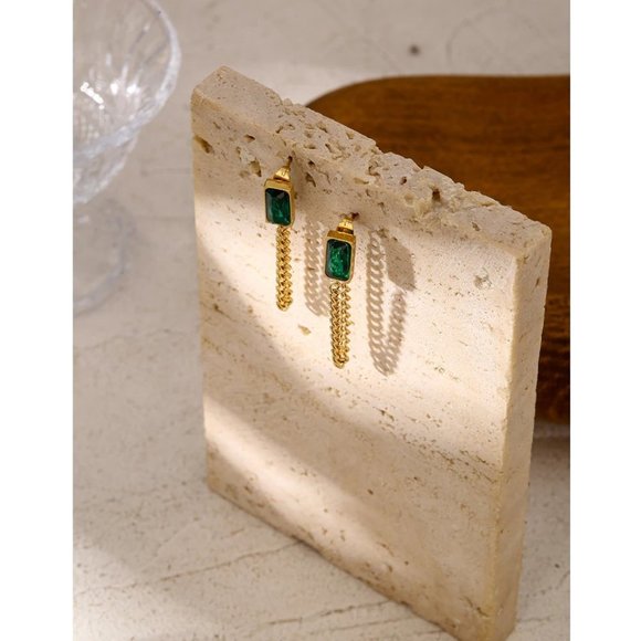 New 18K Gold Plated Green Crystal Chain Earrings - Picture 4 of 6